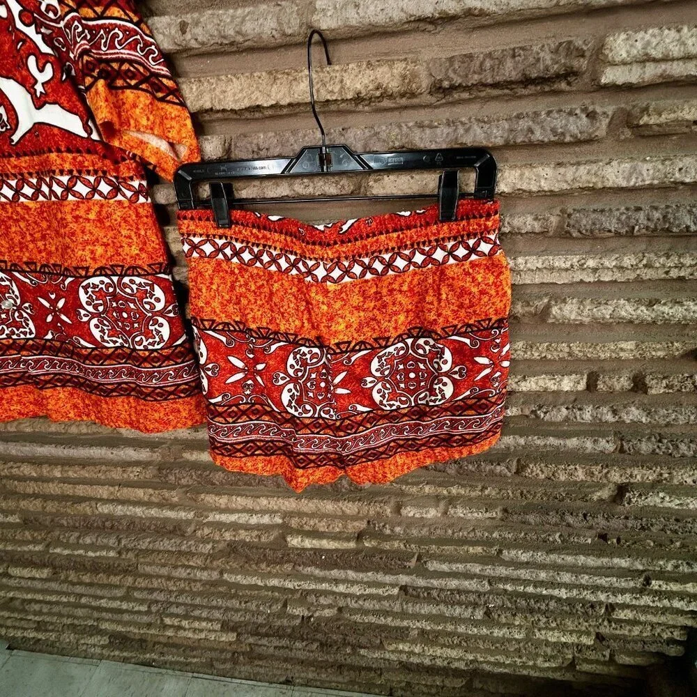 Holo Holo Vintage 70s Barkcloth Men's Swim Orange Tapa Print Shirt and Shorts
